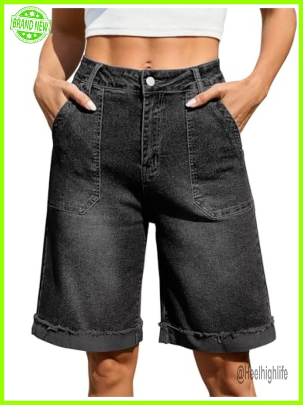 Women's High Waisted Bermuda Jean Shorts Knee Length Denim Jorts